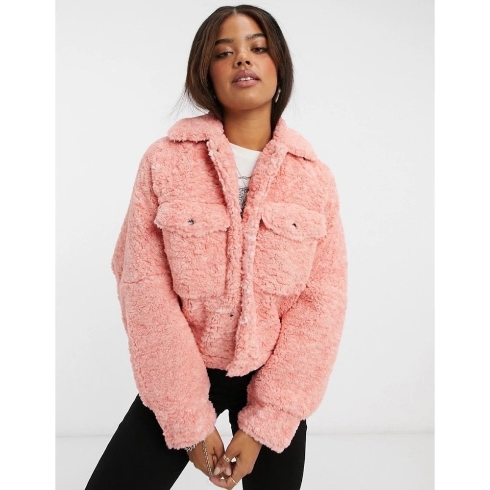 Free People‎ We The Free Teddy Swing Jacket Coral Pink Faux Sherpa Large